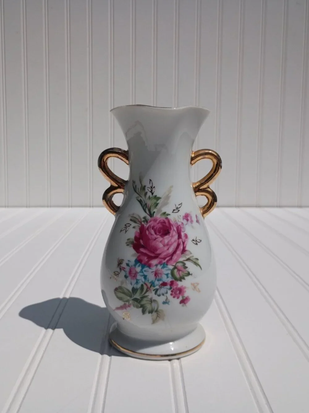 Vintage Japanese Porcelain Vase Pink Rose Floral Gold Trim Scroll Handles 7.25